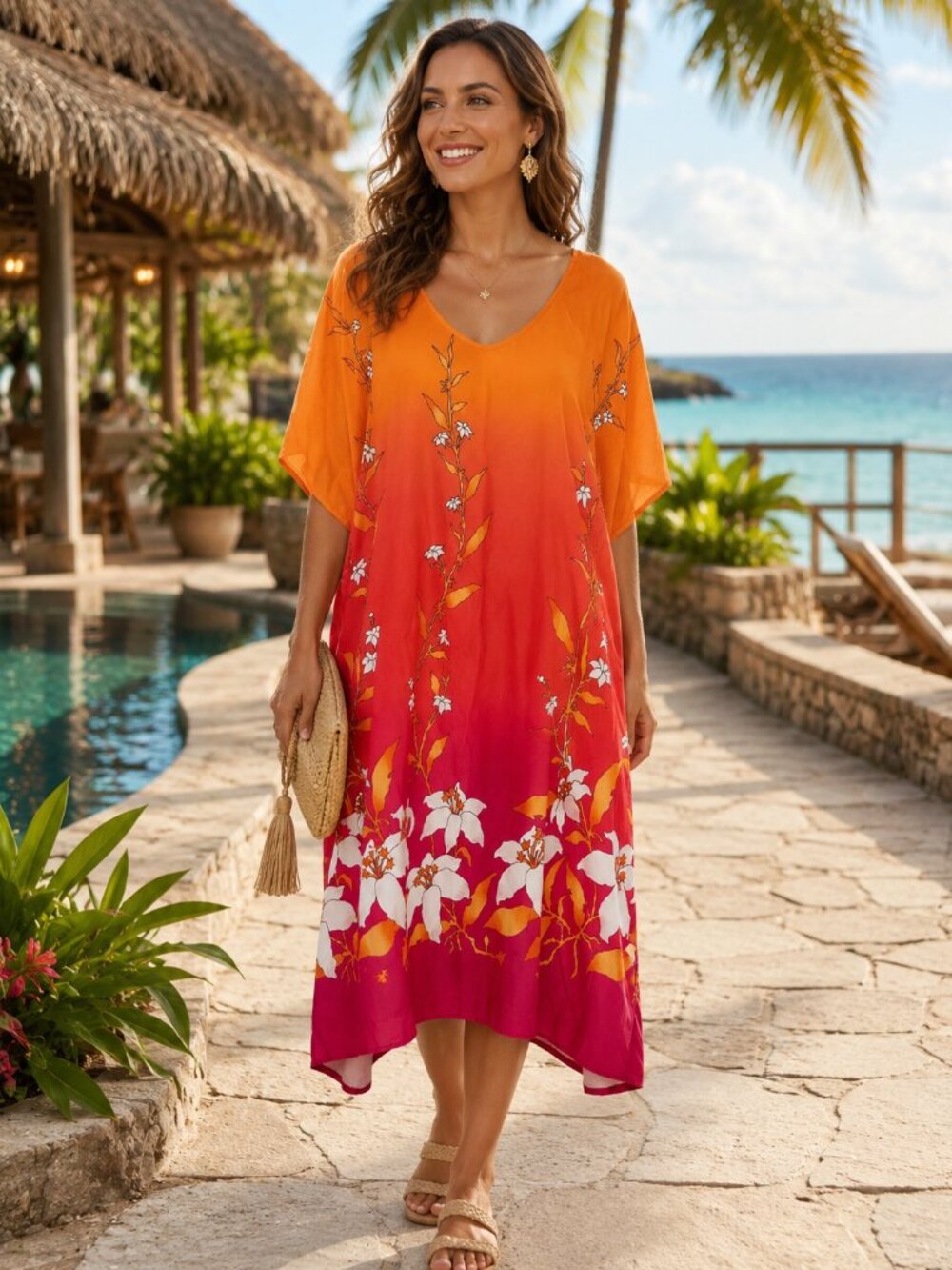 NWT Easy Living Floral Kaftan Swim Coverup S/M Unique Resortwear Coastal